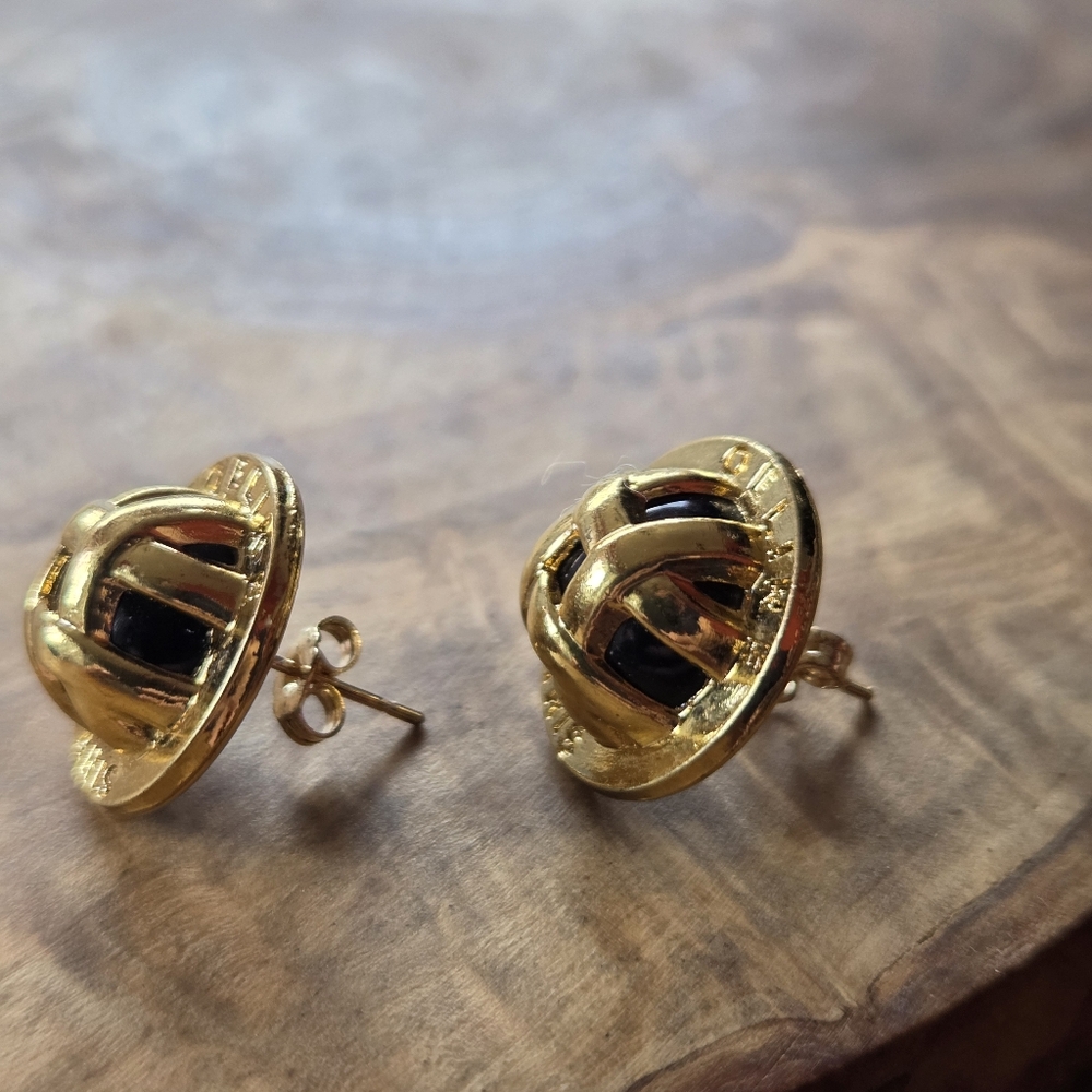 Celine Paris Buttons Gold Tone Black Weave Effect Butterfly Pierced Earrings